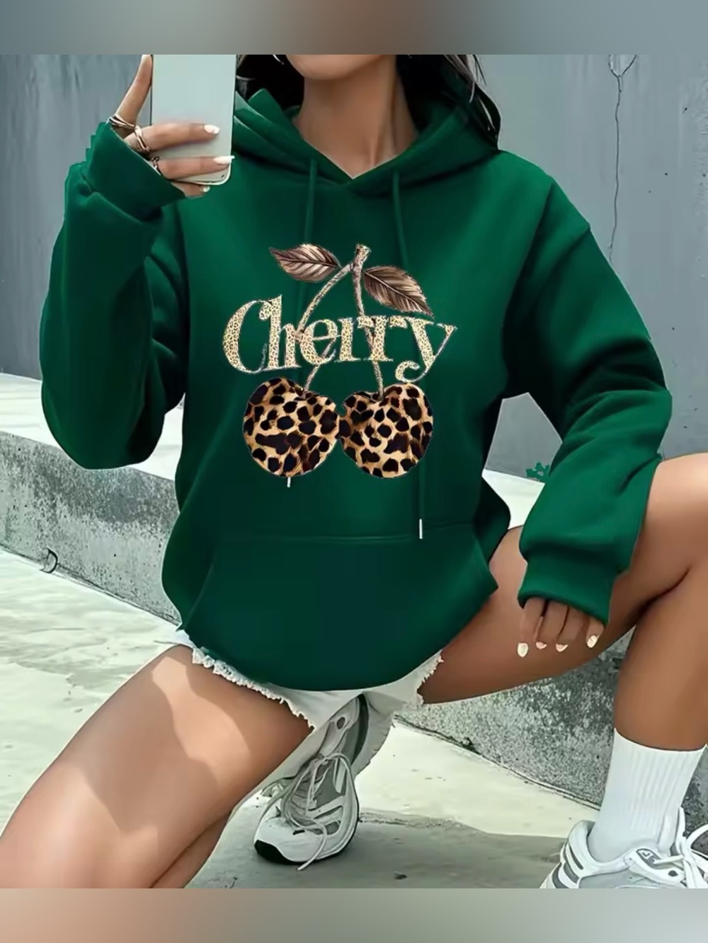 Cherry Graphic Hooded Sweatshirt - Deep Green